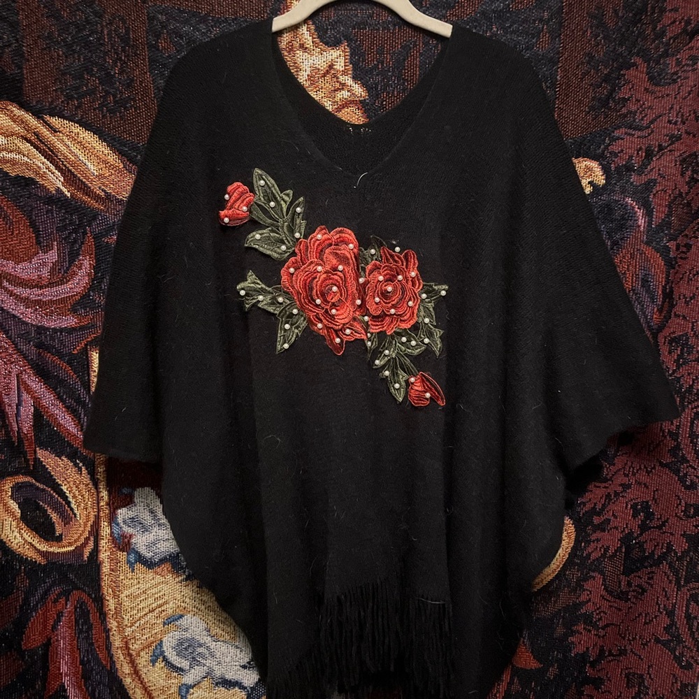 Embroidered Black Poncho Sweater with Red Floral Design